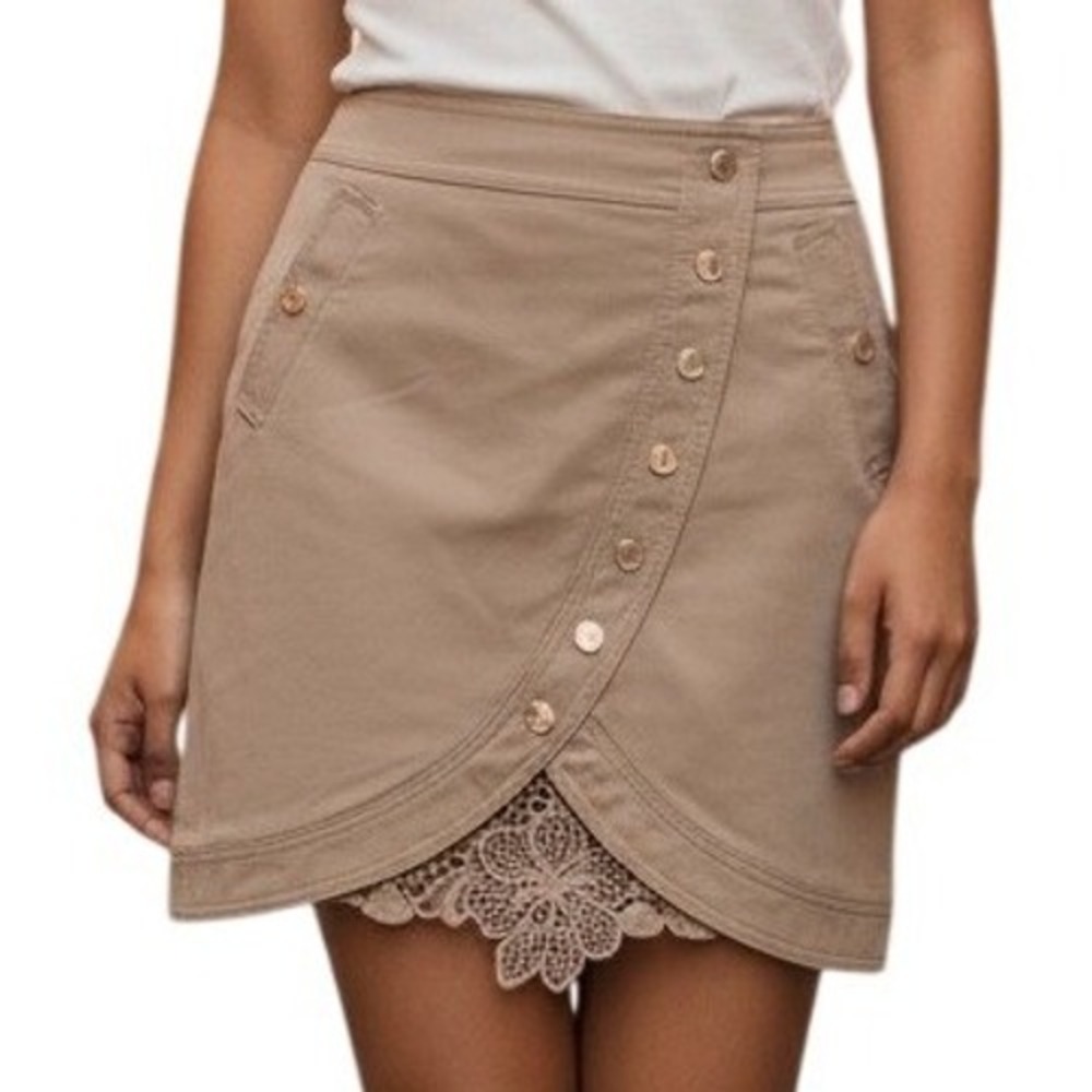 WHITE HOUSE BLACK MARKET Cobblestone Tan Button Front Lace Utility Boot Skirt 2P